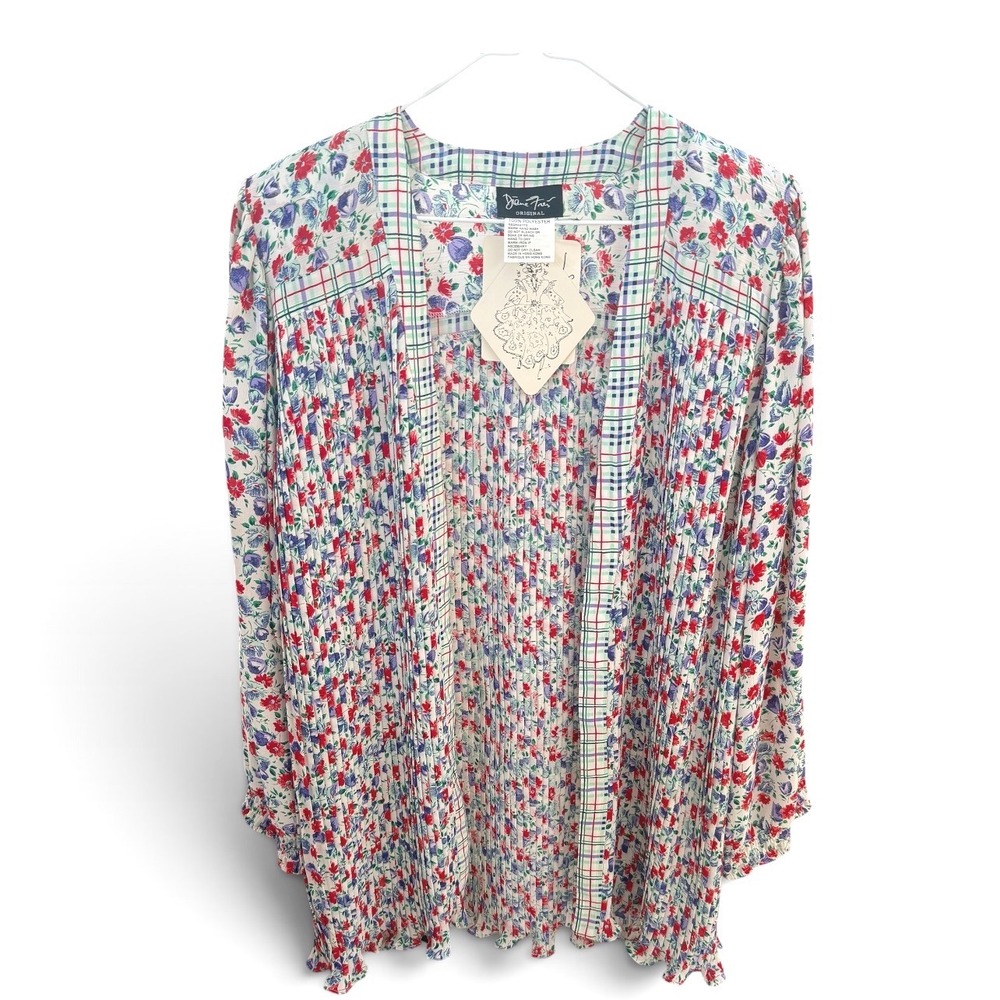 Diane Freis Original Vintage Floral Plaid Pleated Georgette Cardigan Top NWT